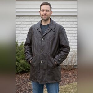 Olde Hide House Men Leather Coat L Brown Car Coat Made in Canada Vintage 90s